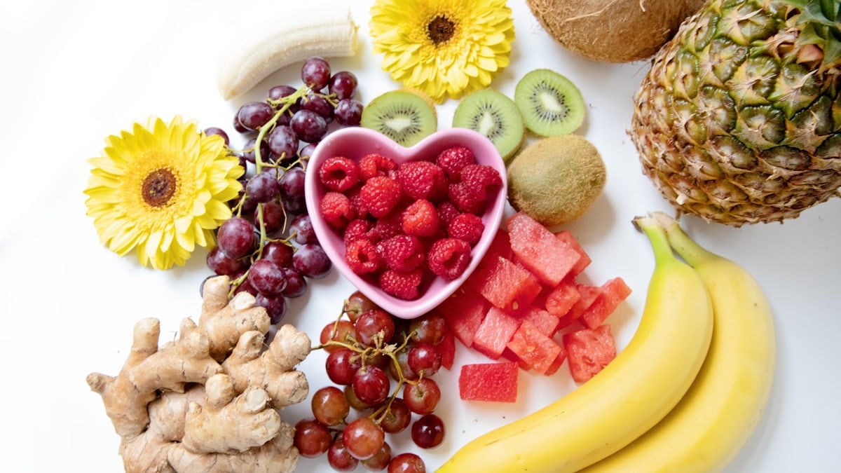 Fruit Raspberries Kiwi Watermelon Flowers Ginger Bananas Pineapple Flatlay